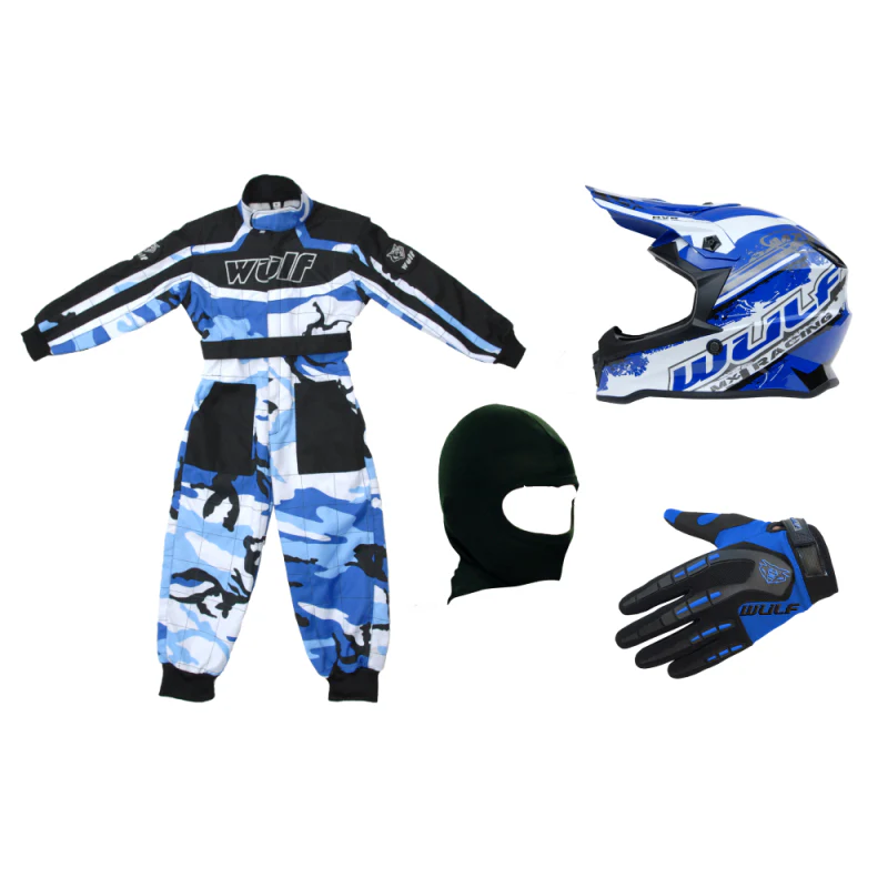 Kids Wulfsport Clothing & Helmet Bundle Deal - BLUE CAMO