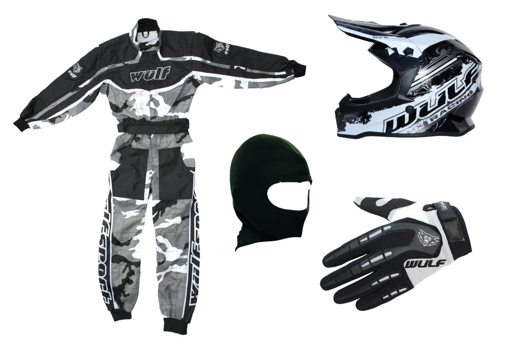 Kids Wulfsport Clothing & Helmet Bundle Deal - GREY CAMO
