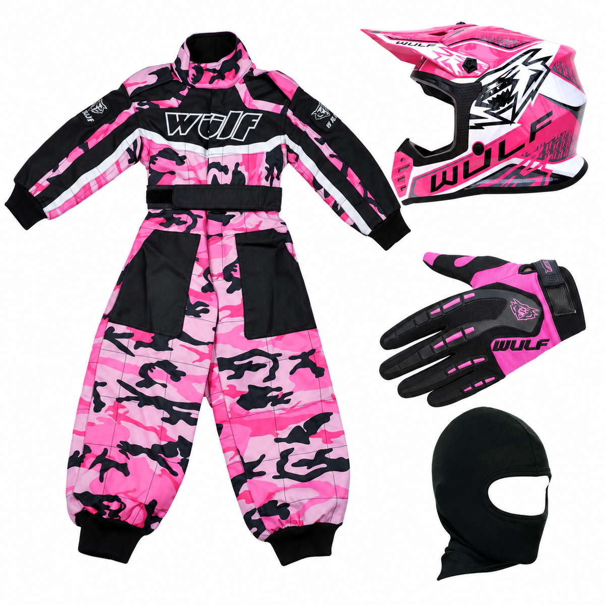 Kids Wulfsport Clothing & Helmet Bundle Deal - Pink Camo